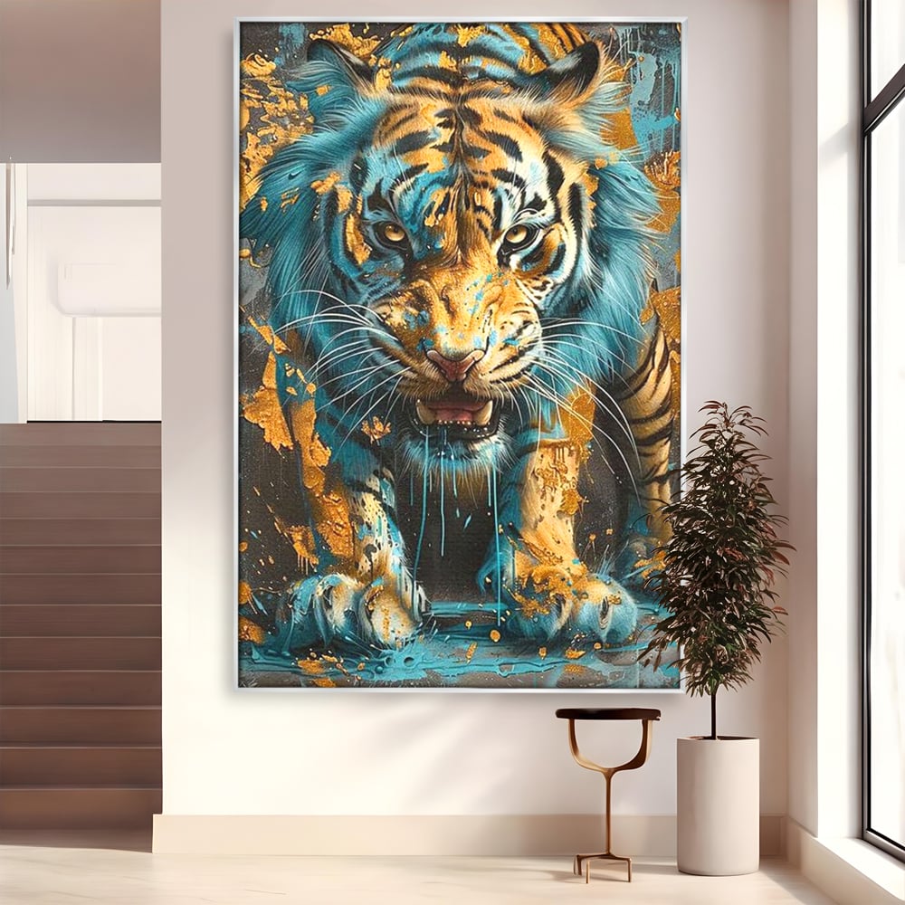 Leinwandbilder Premium, LuxCanva® M1455, Clash of Destinies, Tiger, Wütend, Tier, Wild, Angriff, Bewegung, Blick, Instinkt, Dominant, Gemälde, Büro, Wohnen, Kinderzimmer