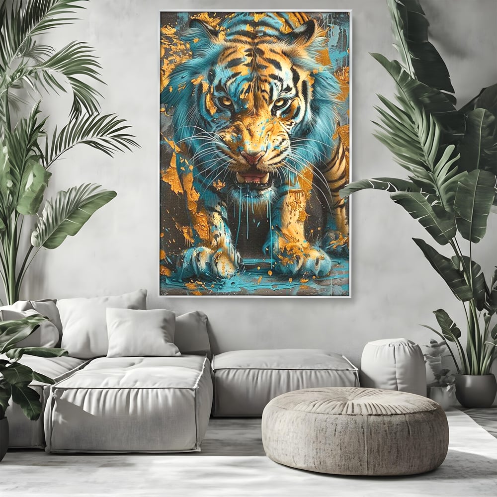 Leinwandbilder Premium, LuxCanva® M1455, Clash of Destinies, Tiger, Wütend, Tier, Wild, Angriff, Bewegung, Blick, Instinkt, Dominant, Gemälde, Büro, Wohnen, Kinderzimmer