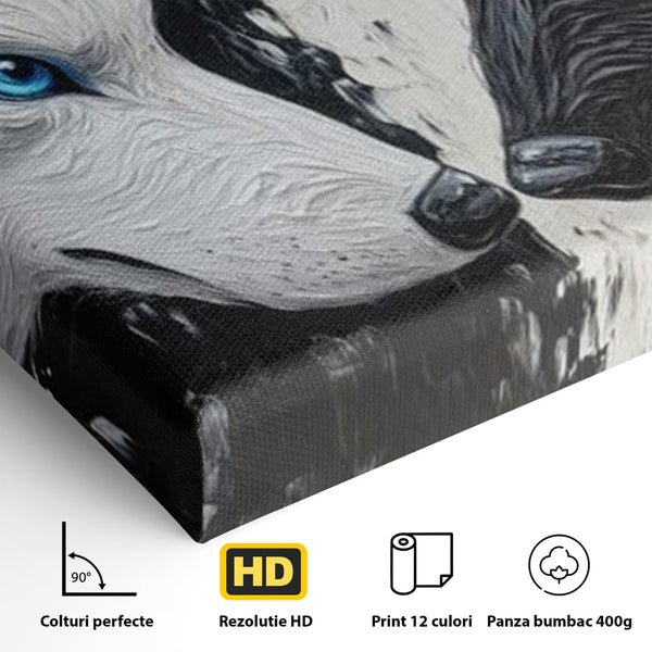 Leinwandbilder Premium, LuxCanva® M1457, Seelen im Spiegel, Dualität, Schwarz und Weiß, Duell, Malerei, Geist, Gleichgewicht, Geist, Wölfe, Blick, Wild, Büro, Wohnzimmer, Kinderzimmer