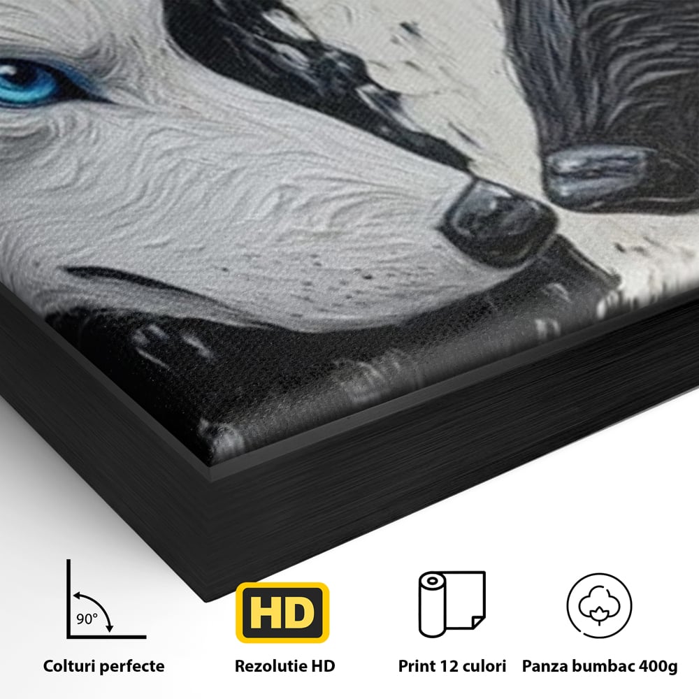 Leinwandbilder Premium, LuxCanva® M1457, Seelen im Spiegel, Dualität, Schwarz und Weiß, Duell, Malerei, Geist, Gleichgewicht, Geist, Wölfe, Blick, Wild, Büro, Wohnzimmer, Kinderzimmer