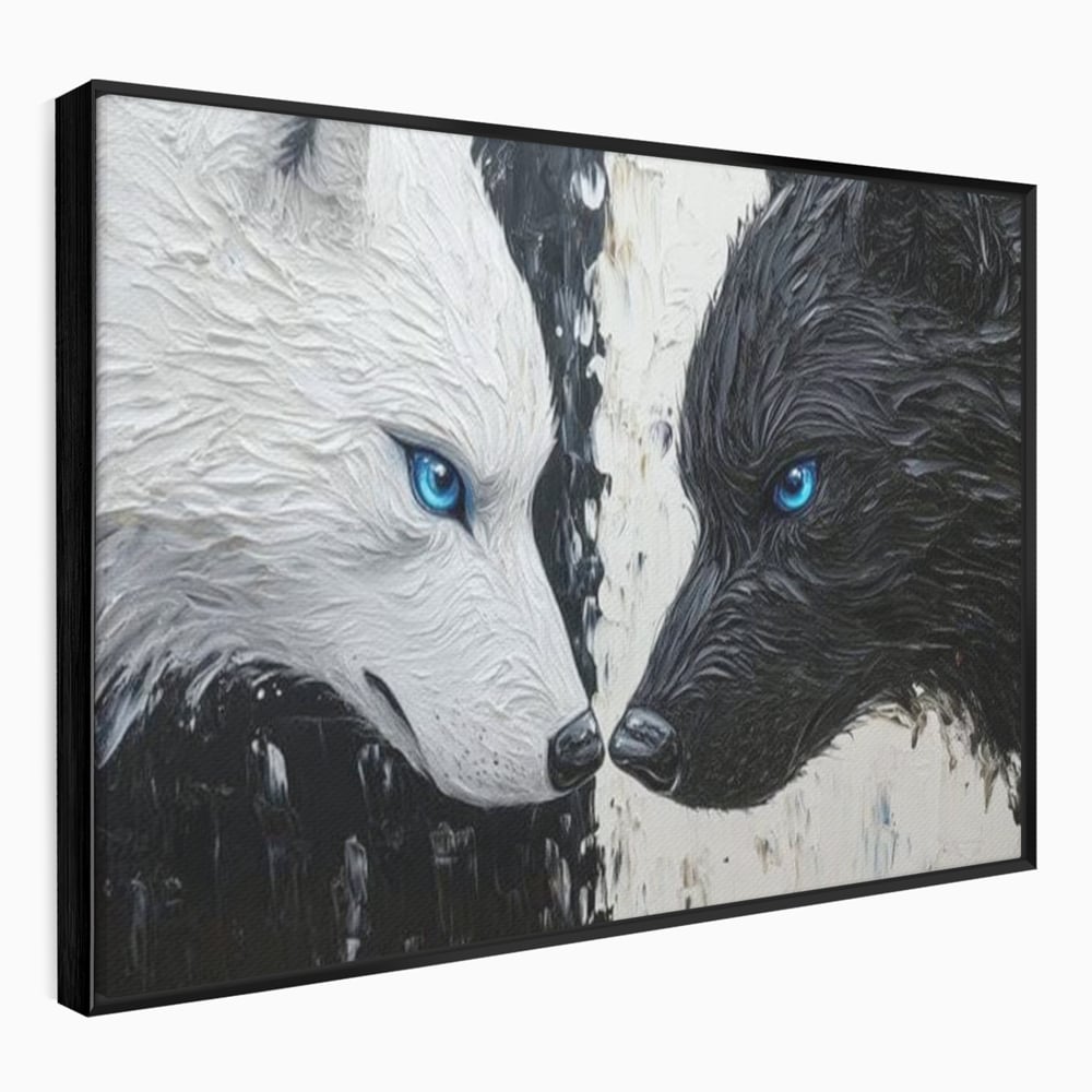 Leinwandbilder Premium, LuxCanva® M1457, Seelen im Spiegel, Dualität, Schwarz und Weiß, Duell, Malerei, Geist, Gleichgewicht, Geist, Wölfe, Blick, Wild, Büro, Wohnzimmer, Kinderzimmer