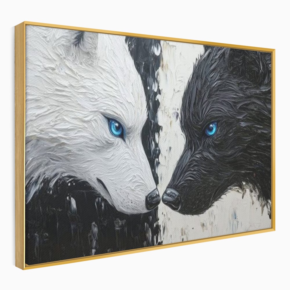 Leinwandbilder Premium, LuxCanva® M1457, Seelen im Spiegel, Dualität, Schwarz und Weiß, Duell, Malerei, Geist, Gleichgewicht, Geist, Wölfe, Blick, Wild, Büro, Wohnzimmer, Kinderzimmer