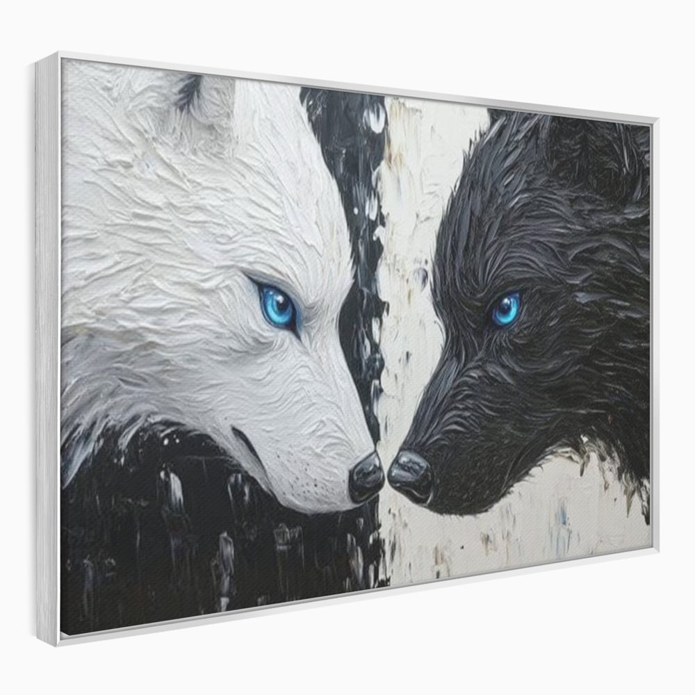 Leinwandbilder Premium, LuxCanva® M1457, Seelen im Spiegel, Dualität, Schwarz und Weiß, Duell, Malerei, Geist, Gleichgewicht, Geist, Wölfe, Blick, Wild, Büro, Wohnzimmer, Kinderzimmer