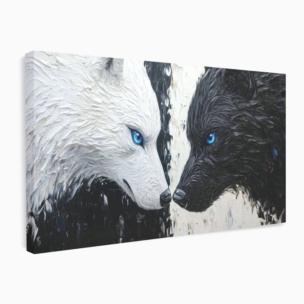 Leinwandbilder Premium, LuxCanva® M1457, Seelen im Spiegel, Dualität, Schwarz und Weiß, Duell, Malerei, Geist, Gleichgewicht, Geist, Wölfe, Blick, Wild, Büro, Wohnzimmer, Kinderzimmer