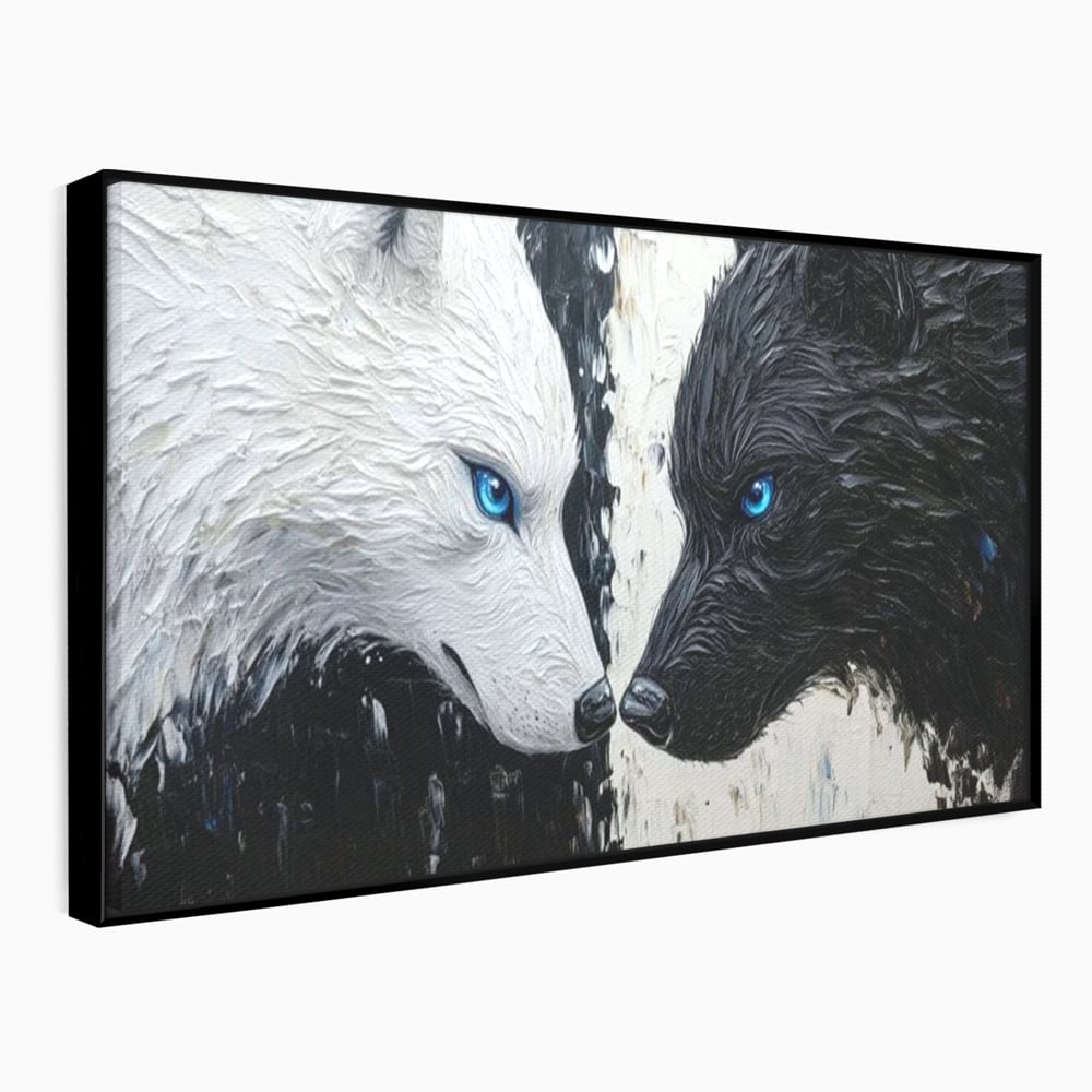 Leinwandbilder Premium, LuxCanva® M1457, Seelen im Spiegel, Dualität, Schwarz und Weiß, Duell, Malerei, Geist, Gleichgewicht, Geist, Wölfe, Blick, Wild, Büro, Wohnzimmer, Kinderzimmer