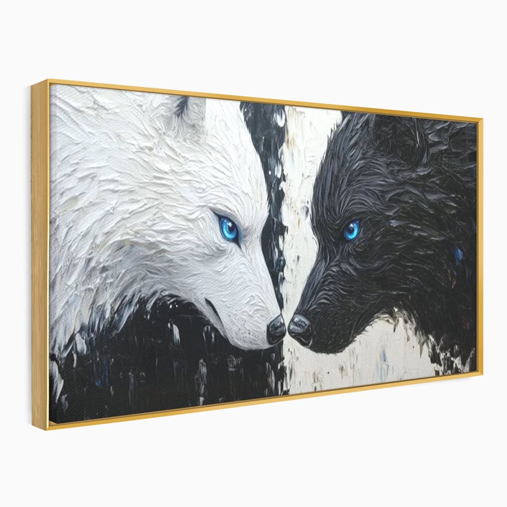 Leinwandbilder Premium, LuxCanva® M1457, Seelen im Spiegel, Dualität, Schwarz und Weiß, Duell, Malerei, Geist, Gleichgewicht, Geist, Wölfe, Blick, Wild, Büro, Wohnzimmer, Kinderzimmer
