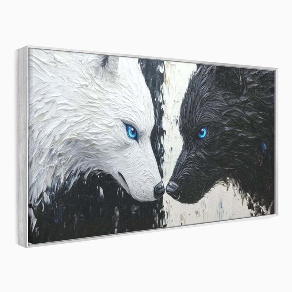 Leinwandbilder Premium, LuxCanva® M1457, Seelen im Spiegel, Dualität, Schwarz und Weiß, Duell, Malerei, Geist, Gleichgewicht, Geist, Wölfe, Blick, Wild, Büro, Wohnzimmer, Kinderzimmer