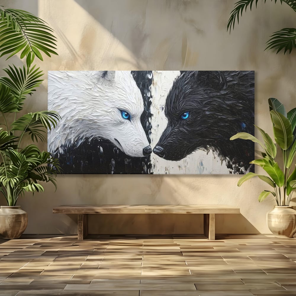 Leinwandbilder Premium, LuxCanva® M1457, Seelen im Spiegel, Dualität, Schwarz und Weiß, Duell, Malerei, Geist, Gleichgewicht, Geist, Wölfe, Blick, Wild, Büro, Wohnzimmer, Kinderzimmer