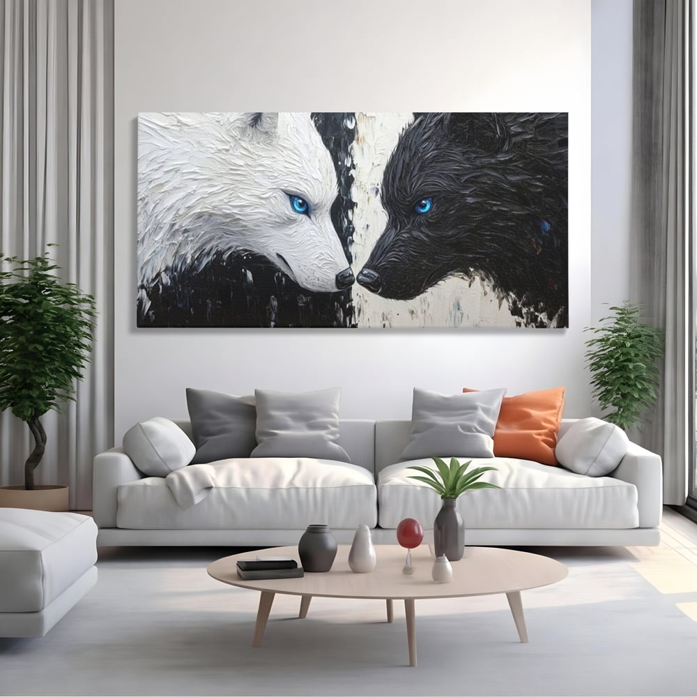 Leinwandbilder Premium, LuxCanva® M1457, Seelen im Spiegel, Dualität, Schwarz und Weiß, Duell, Malerei, Geist, Gleichgewicht, Geist, Wölfe, Blick, Wild, Büro, Wohnzimmer, Kinderzimmer