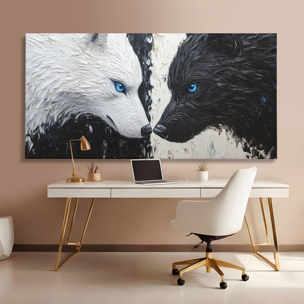 Leinwandbilder Premium, LuxCanva® M1457, Seelen im Spiegel, Dualität, Schwarz und Weiß, Duell, Malerei, Geist, Gleichgewicht, Geist, Wölfe, Blick, Wild, Büro, Wohnzimmer, Kinderzimmer