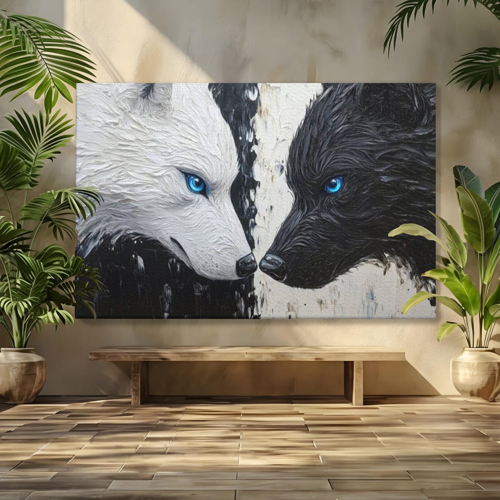 Leinwandbilder Premium, LuxCanva® M1457, Seelen im Spiegel, Dualität, Schwarz und Weiß, Duell, Malerei, Geist, Gleichgewicht, Geist, Wölfe, Blick, Wild, Büro, Wohnzimmer, Kinderzimmer