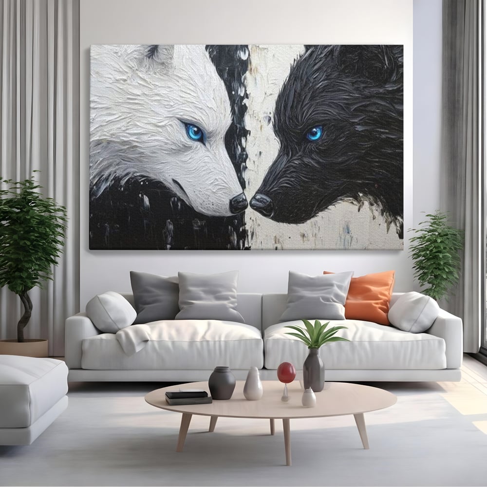 Leinwandbilder Premium, LuxCanva® M1457, Seelen im Spiegel, Dualität, Schwarz und Weiß, Duell, Malerei, Geist, Gleichgewicht, Geist, Wölfe, Blick, Wild, Büro, Wohnzimmer, Kinderzimmer