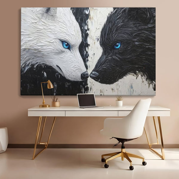 Leinwandbilder Premium, LuxCanva® M1457, Seelen im Spiegel, Dualität, Schwarz und Weiß, Duell, Malerei, Geist, Gleichgewicht, Geist, Wölfe, Blick, Wild, Büro, Wohnzimmer, Kinderzimmer