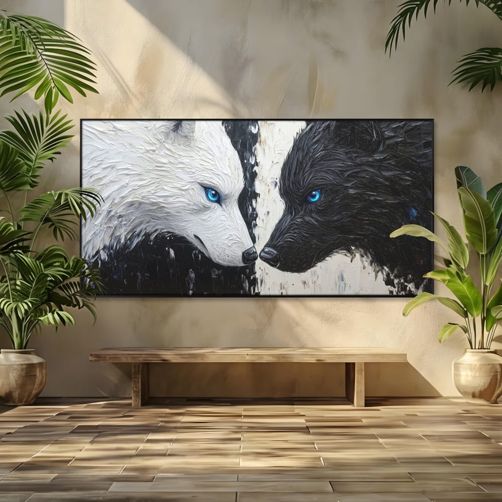Leinwandbilder Premium, LuxCanva® M1457, Seelen im Spiegel, Dualität, Schwarz und Weiß, Duell, Malerei, Geist, Gleichgewicht, Geist, Wölfe, Blick, Wild, Büro, Wohnzimmer, Kinderzimmer