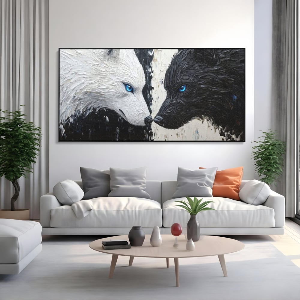 Leinwandbilder Premium, LuxCanva® M1457, Seelen im Spiegel, Dualität, Schwarz und Weiß, Duell, Malerei, Geist, Gleichgewicht, Geist, Wölfe, Blick, Wild, Büro, Wohnzimmer, Kinderzimmer