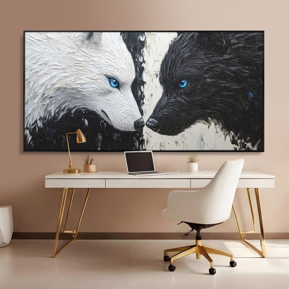 Leinwandbilder Premium, LuxCanva® M1457, Seelen im Spiegel, Dualität, Schwarz und Weiß, Duell, Malerei, Geist, Gleichgewicht, Geist, Wölfe, Blick, Wild, Büro, Wohnzimmer, Kinderzimmer