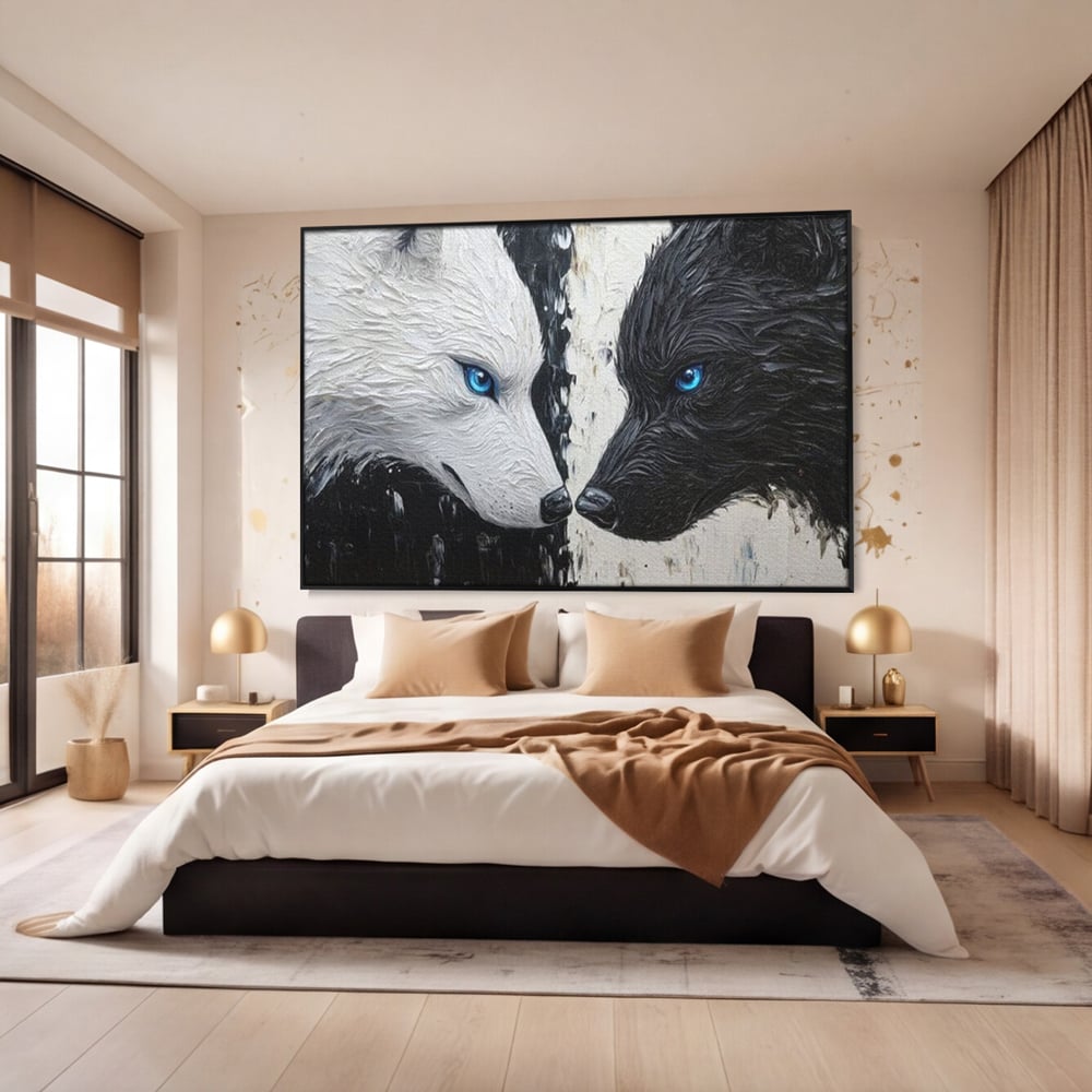 Leinwandbilder Premium, LuxCanva® M1457, Seelen im Spiegel, Dualität, Schwarz und Weiß, Duell, Malerei, Geist, Gleichgewicht, Geist, Wölfe, Blick, Wild, Büro, Wohnzimmer, Kinderzimmer
