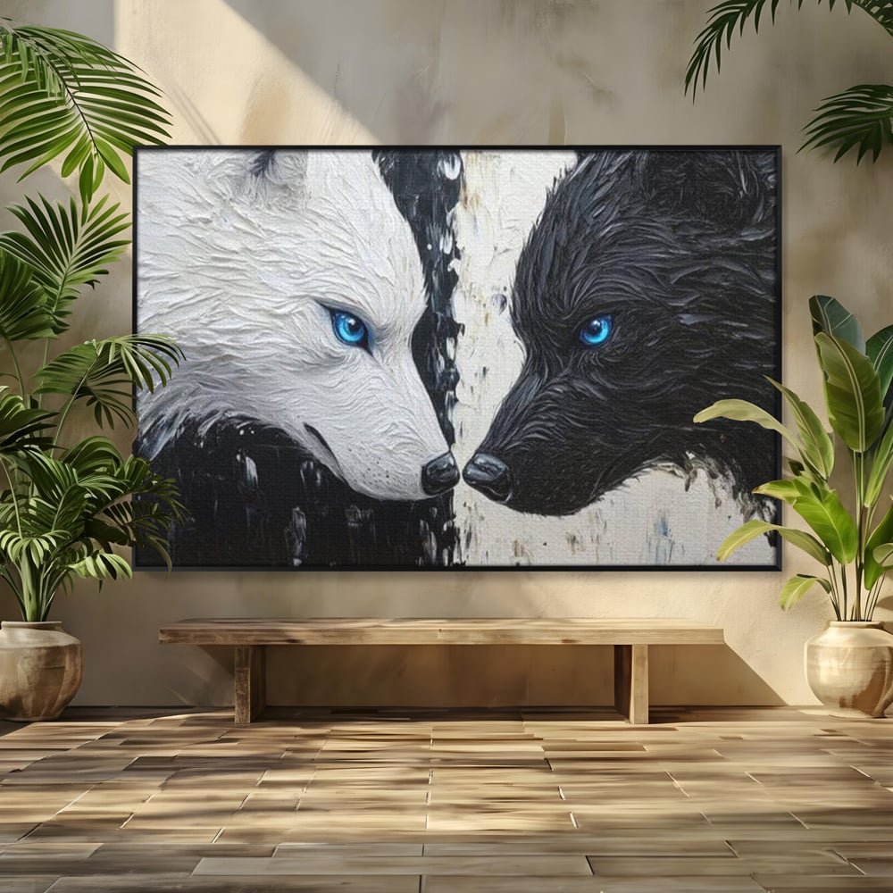 Leinwandbilder Premium, LuxCanva® M1457, Seelen im Spiegel, Dualität, Schwarz und Weiß, Duell, Malerei, Geist, Gleichgewicht, Geist, Wölfe, Blick, Wild, Büro, Wohnzimmer, Kinderzimmer