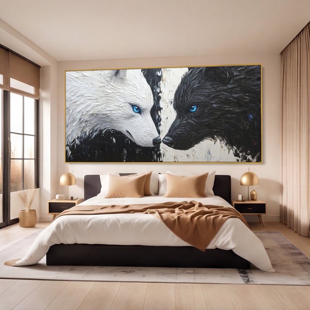 Leinwandbilder Premium, LuxCanva® M1457, Seelen im Spiegel, Dualität, Schwarz und Weiß, Duell, Malerei, Geist, Gleichgewicht, Geist, Wölfe, Blick, Wild, Büro, Wohnzimmer, Kinderzimmer