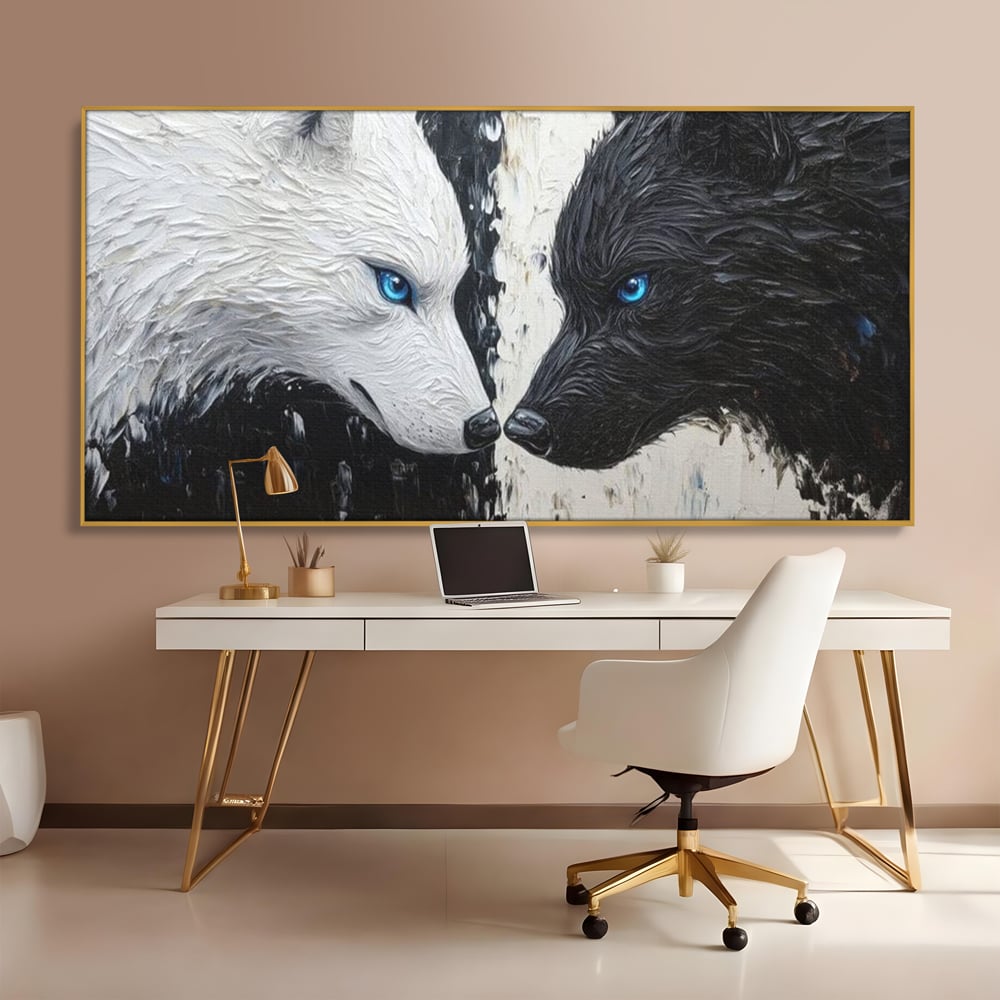 Leinwandbilder Premium, LuxCanva® M1457, Seelen im Spiegel, Dualität, Schwarz und Weiß, Duell, Malerei, Geist, Gleichgewicht, Geist, Wölfe, Blick, Wild, Büro, Wohnzimmer, Kinderzimmer