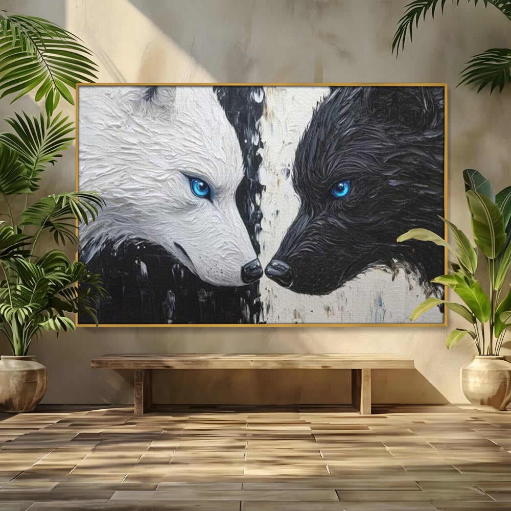 Leinwandbilder Premium, LuxCanva® M1457, Seelen im Spiegel, Dualität, Schwarz und Weiß, Duell, Malerei, Geist, Gleichgewicht, Geist, Wölfe, Blick, Wild, Büro, Wohnzimmer, Kinderzimmer
