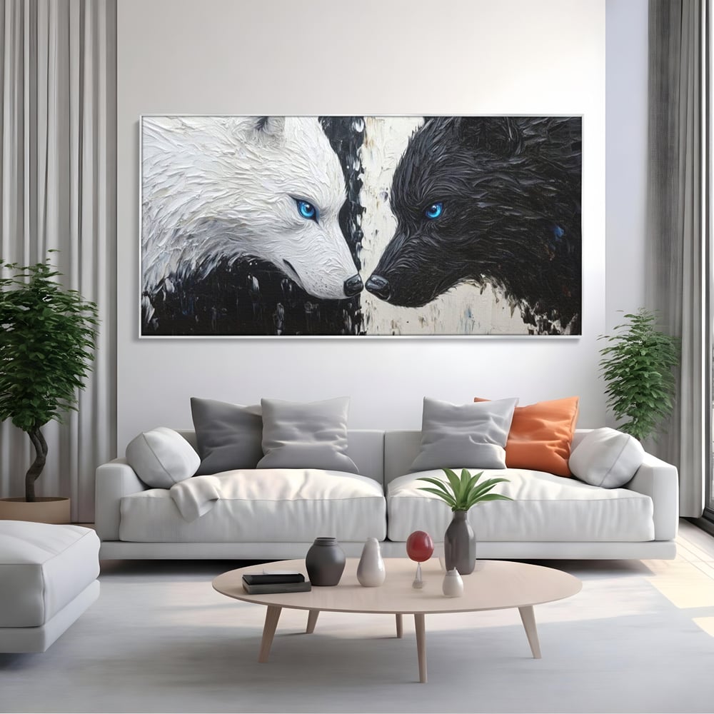Leinwandbilder Premium, LuxCanva® M1457, Seelen im Spiegel, Dualität, Schwarz und Weiß, Duell, Malerei, Geist, Gleichgewicht, Geist, Wölfe, Blick, Wild, Büro, Wohnzimmer, Kinderzimmer