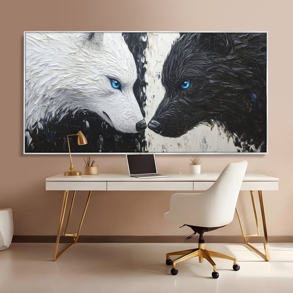 Leinwandbilder Premium, LuxCanva® M1457, Seelen im Spiegel, Dualität, Schwarz und Weiß, Duell, Malerei, Geist, Gleichgewicht, Geist, Wölfe, Blick, Wild, Büro, Wohnzimmer, Kinderzimmer