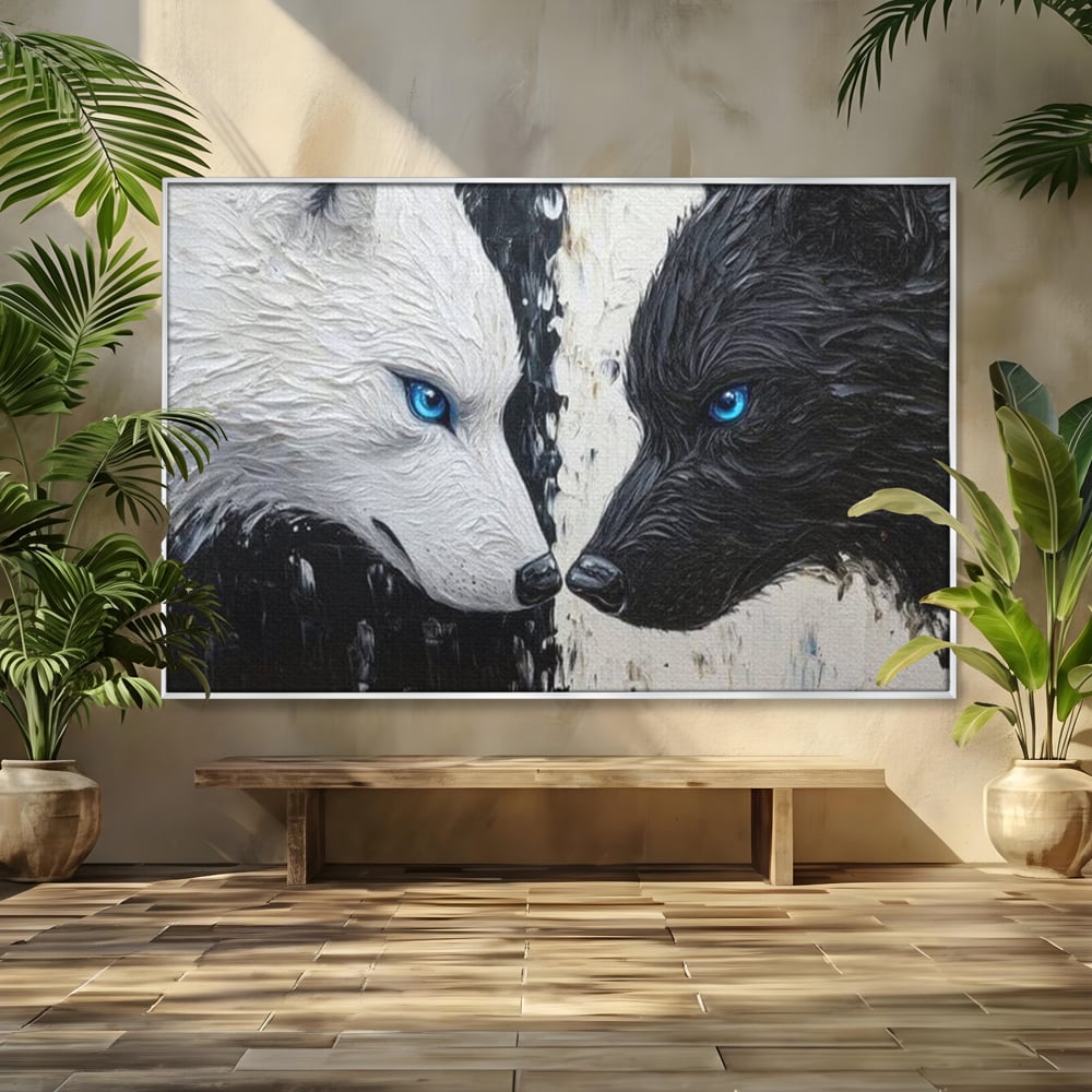Leinwandbilder Premium, LuxCanva® M1457, Seelen im Spiegel, Dualität, Schwarz und Weiß, Duell, Malerei, Geist, Gleichgewicht, Geist, Wölfe, Blick, Wild, Büro, Wohnzimmer, Kinderzimmer