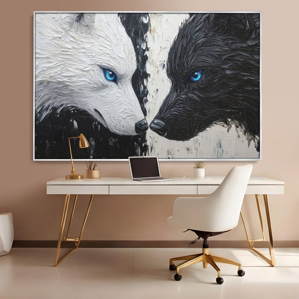 Leinwandbilder Premium, LuxCanva® M1457, Seelen im Spiegel, Dualität, Schwarz und Weiß, Duell, Malerei, Geist, Gleichgewicht, Geist, Wölfe, Blick, Wild, Büro, Wohnzimmer, Kinderzimmer