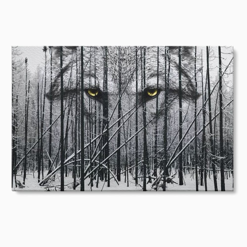 Leinwand Wandkunst Leinwand Wandkunst Premium, LuxCanva® M1458, Waldschatten Wächter, Augen, Blick, Wächter, beobachten, beobachten, Wolf, Wald, Schnee, Winter, Bäume, Wildnis, Natur, Büro, Wohnen, Kinderzimmer