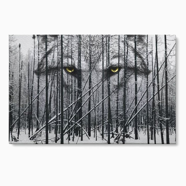 Leinwand Wandkunst Leinwand Wandkunst Premium, LuxCanva® M1458, Waldschatten Wächter, Augen, Blick, Wächter, beobachten, beobachten, Wolf, Wald, Schnee, Winter, Bäume, Wildnis, Natur, Büro, Wohnen, Kinderzimmer