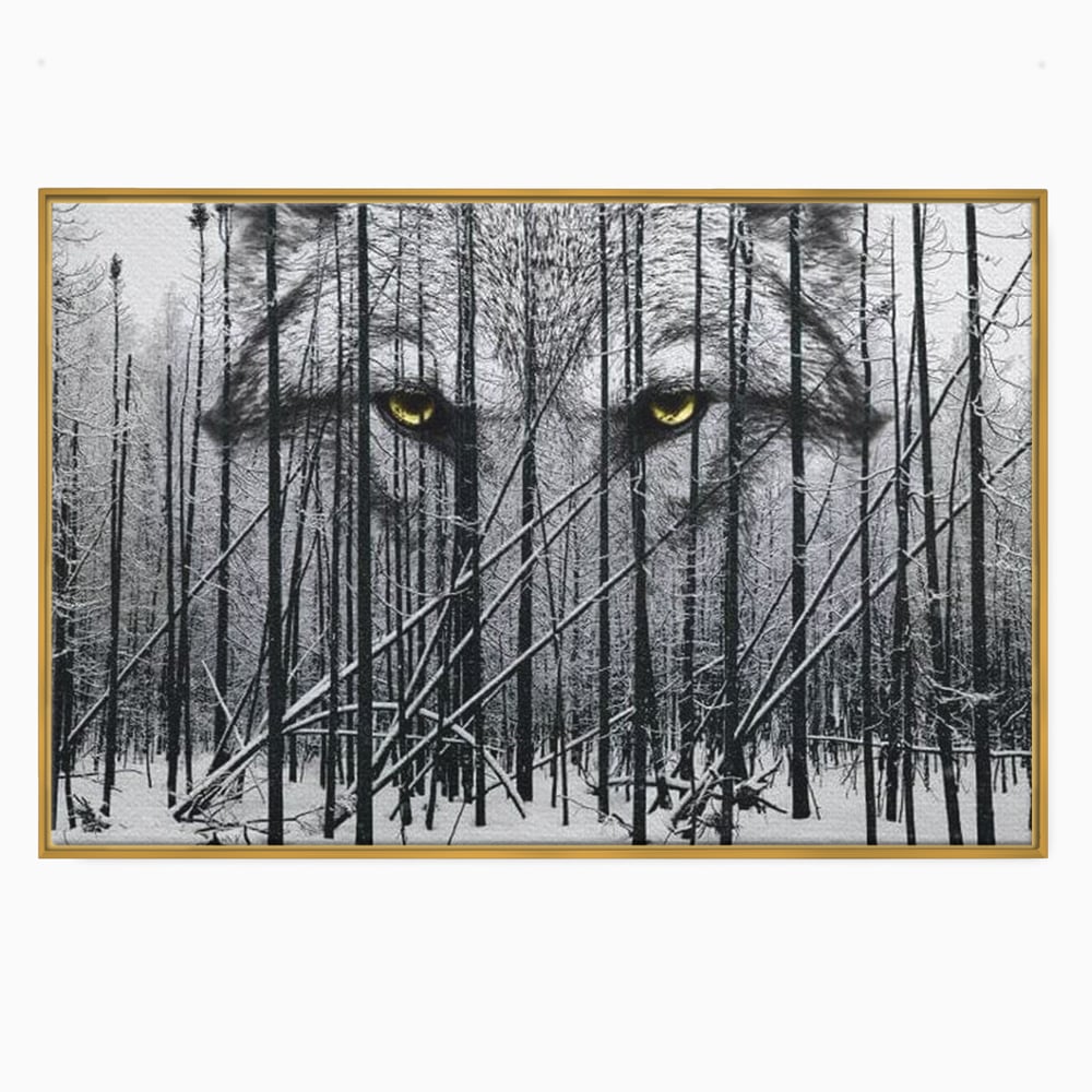 Leinwand Wandkunst Leinwand Wandkunst Premium, LuxCanva® M1458, Waldschatten Wächter, Augen, Blick, Wächter, beobachten, beobachten, Wolf, Wald, Schnee, Winter, Bäume, Wildnis, Natur, Büro, Wohnen, Kinderzimmer