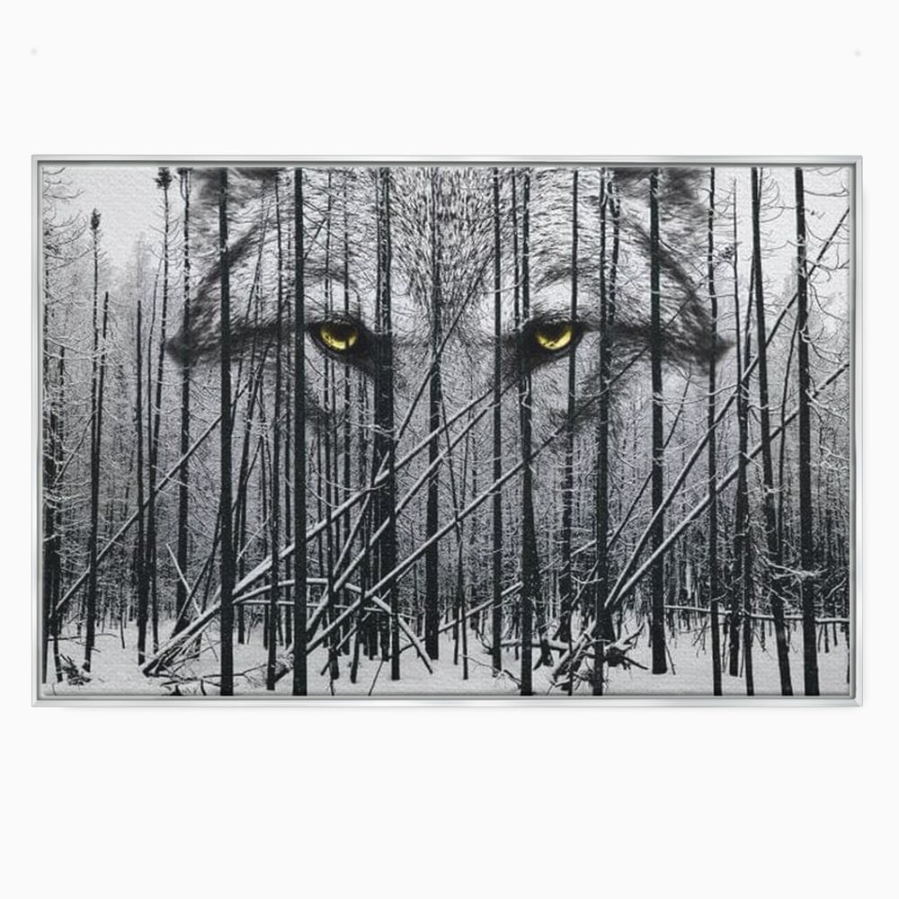 Leinwand Wandkunst Leinwand Wandkunst Premium, LuxCanva® M1458, Waldschatten Wächter, Augen, Blick, Wächter, beobachten, beobachten, Wolf, Wald, Schnee, Winter, Bäume, Wildnis, Natur, Büro, Wohnen, Kinderzimmer