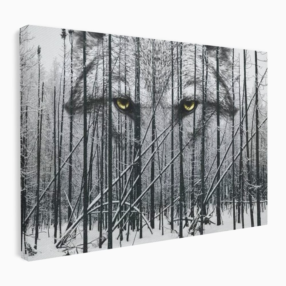 Leinwand Wandkunst Leinwand Wandkunst Premium, LuxCanva® M1458, Waldschatten Wächter, Augen, Blick, Wächter, beobachten, beobachten, Wolf, Wald, Schnee, Winter, Bäume, Wildnis, Natur, Büro, Wohnen, Kinderzimmer