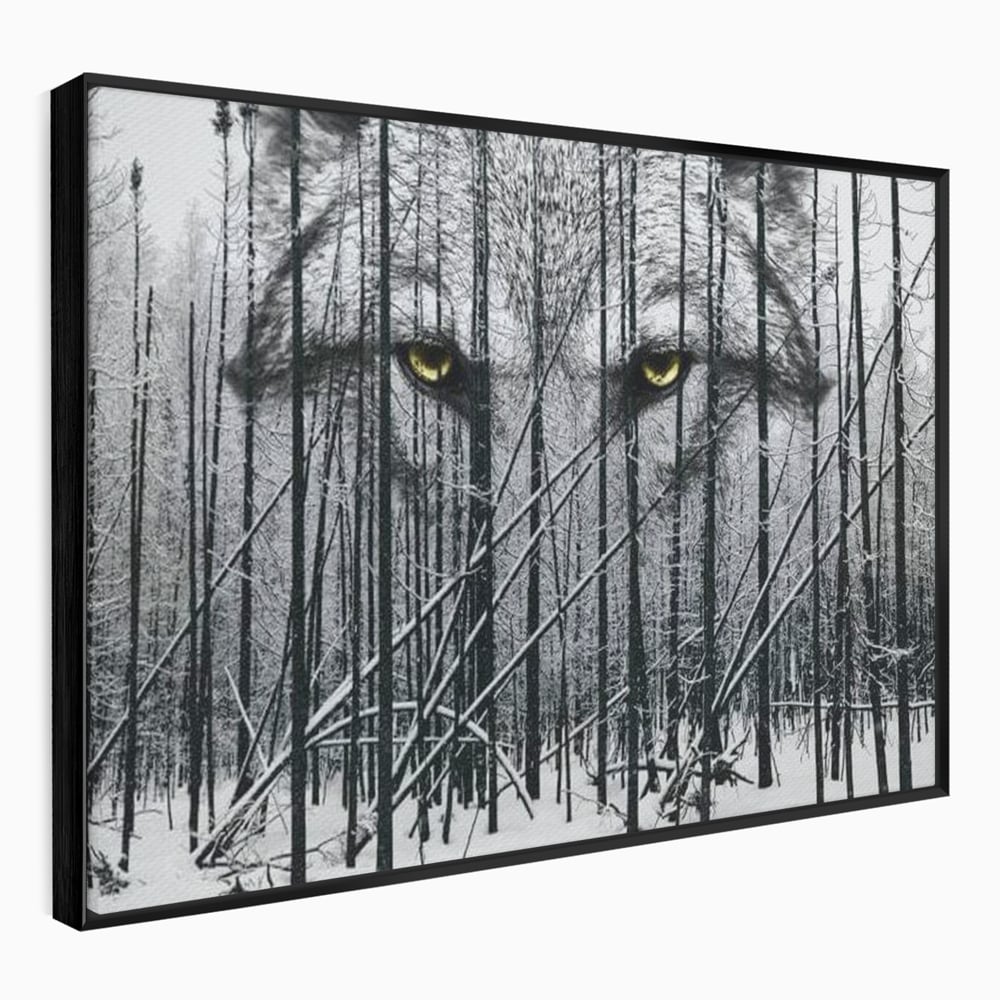 Leinwand Wandkunst Leinwand Wandkunst Premium, LuxCanva® M1458, Waldschatten Wächter, Augen, Blick, Wächter, beobachten, beobachten, Wolf, Wald, Schnee, Winter, Bäume, Wildnis, Natur, Büro, Wohnen, Kinderzimmer