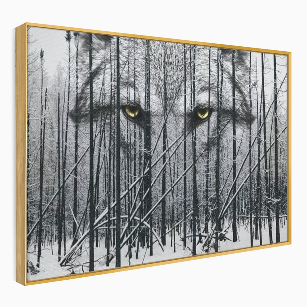 Leinwand Wandkunst Leinwand Wandkunst Premium, LuxCanva® M1458, Waldschatten Wächter, Augen, Blick, Wächter, beobachten, beobachten, Wolf, Wald, Schnee, Winter, Bäume, Wildnis, Natur, Büro, Wohnen, Kinderzimmer
