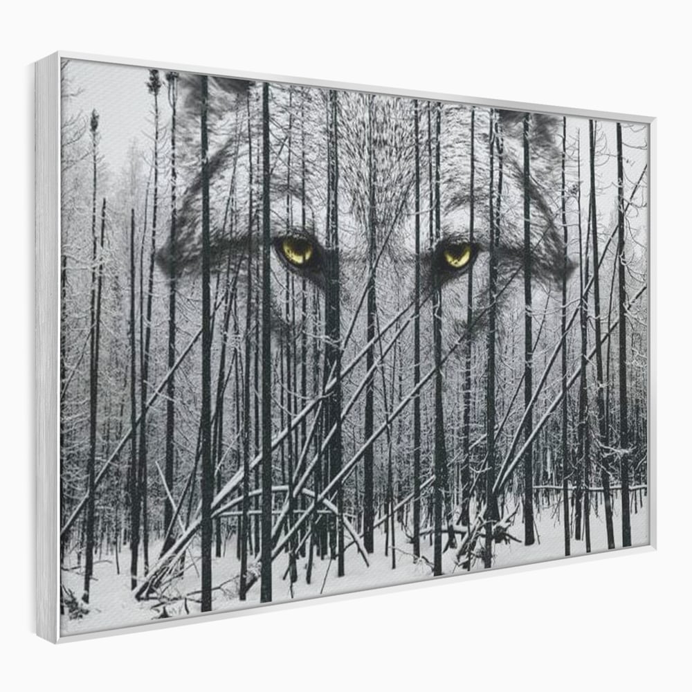 Leinwand Wandkunst Leinwand Wandkunst Premium, LuxCanva® M1458, Waldschatten Wächter, Augen, Blick, Wächter, beobachten, beobachten, Wolf, Wald, Schnee, Winter, Bäume, Wildnis, Natur, Büro, Wohnen, Kinderzimmer