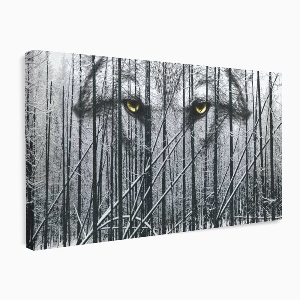 Leinwand Wandkunst Leinwand Wandkunst Premium, LuxCanva® M1458, Waldschatten Wächter, Augen, Blick, Wächter, beobachten, beobachten, Wolf, Wald, Schnee, Winter, Bäume, Wildnis, Natur, Büro, Wohnen, Kinderzimmer