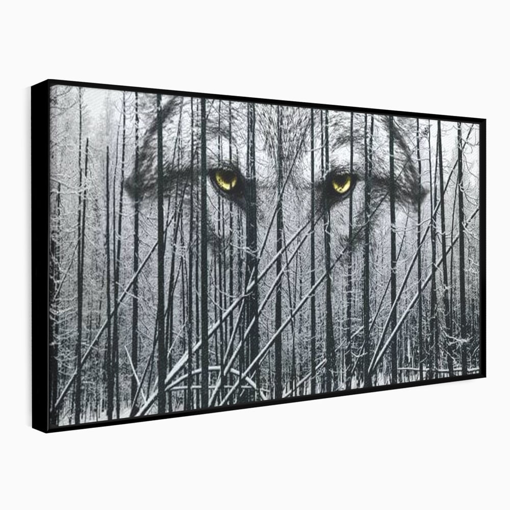 Leinwand Wandkunst Leinwand Wandkunst Premium, LuxCanva® M1458, Waldschatten Wächter, Augen, Blick, Wächter, beobachten, beobachten, Wolf, Wald, Schnee, Winter, Bäume, Wildnis, Natur, Büro, Wohnen, Kinderzimmer