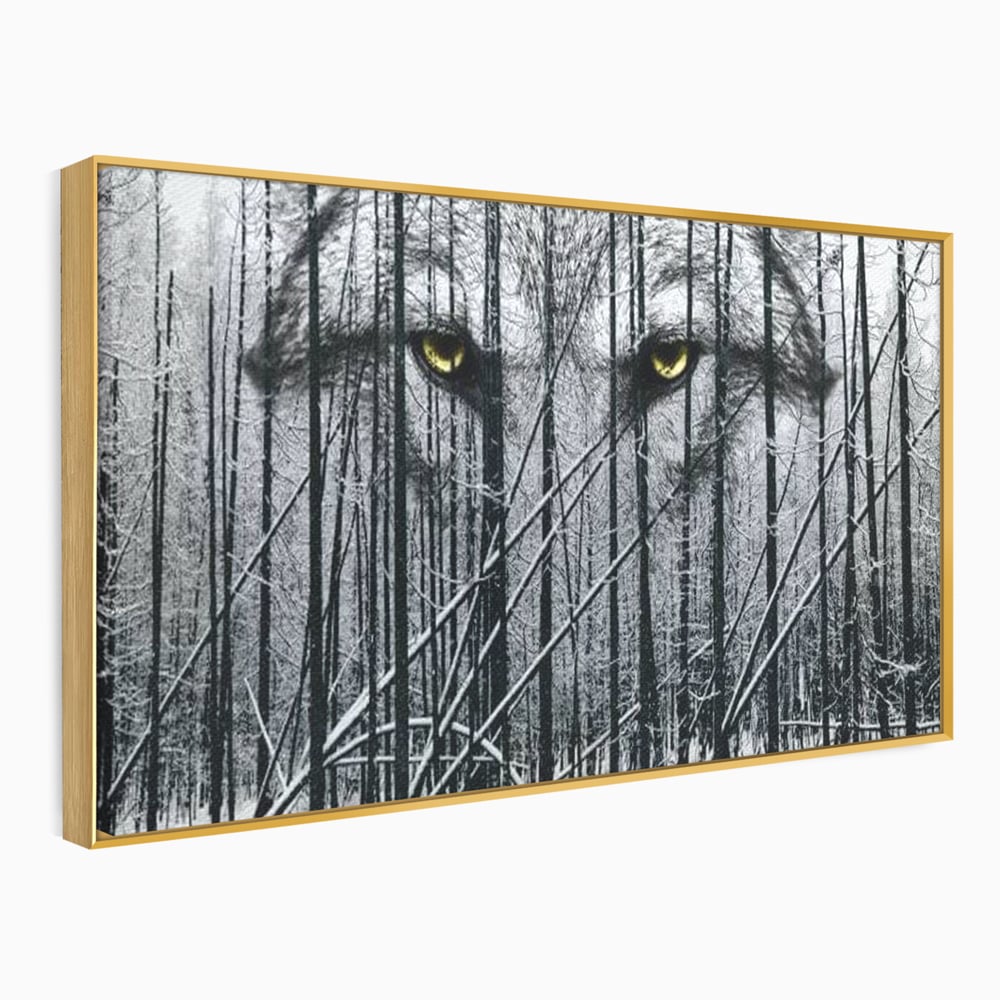 Leinwand Wandkunst Leinwand Wandkunst Premium, LuxCanva® M1458, Waldschatten Wächter, Augen, Blick, Wächter, beobachten, beobachten, Wolf, Wald, Schnee, Winter, Bäume, Wildnis, Natur, Büro, Wohnen, Kinderzimmer