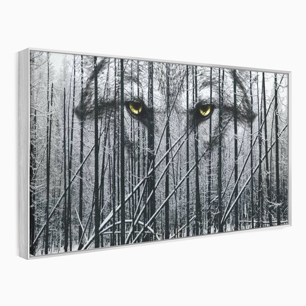 Leinwand Wandkunst Leinwand Wandkunst Premium, LuxCanva® M1458, Waldschatten Wächter, Augen, Blick, Wächter, beobachten, beobachten, Wolf, Wald, Schnee, Winter, Bäume, Wildnis, Natur, Büro, Wohnen, Kinderzimmer