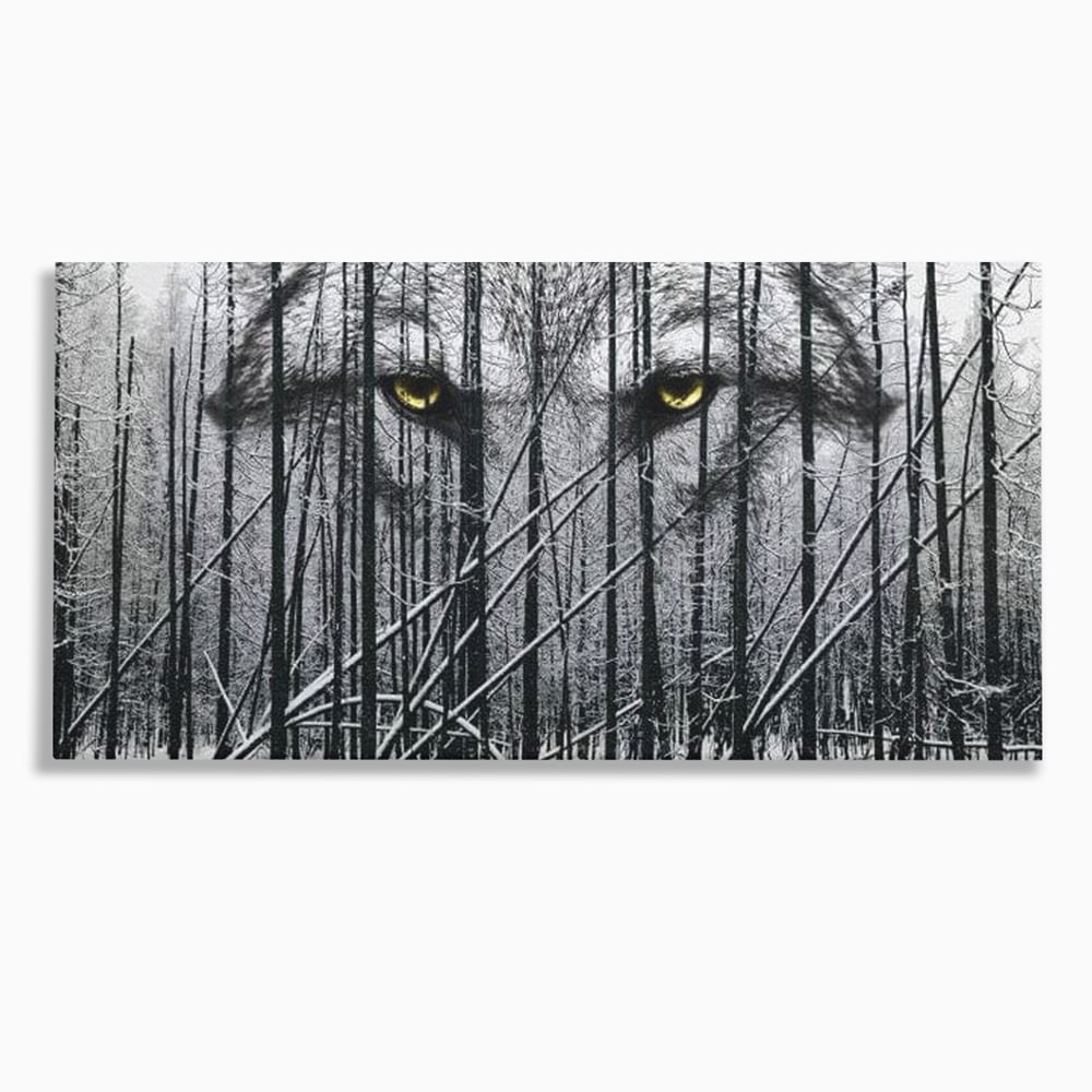 Leinwand Wandkunst Leinwand Wandkunst Premium, LuxCanva® M1458, Waldschatten Wächter, Augen, Blick, Wächter, beobachten, beobachten, Wolf, Wald, Schnee, Winter, Bäume, Wildnis, Natur, Büro, Wohnen, Kinderzimmer
