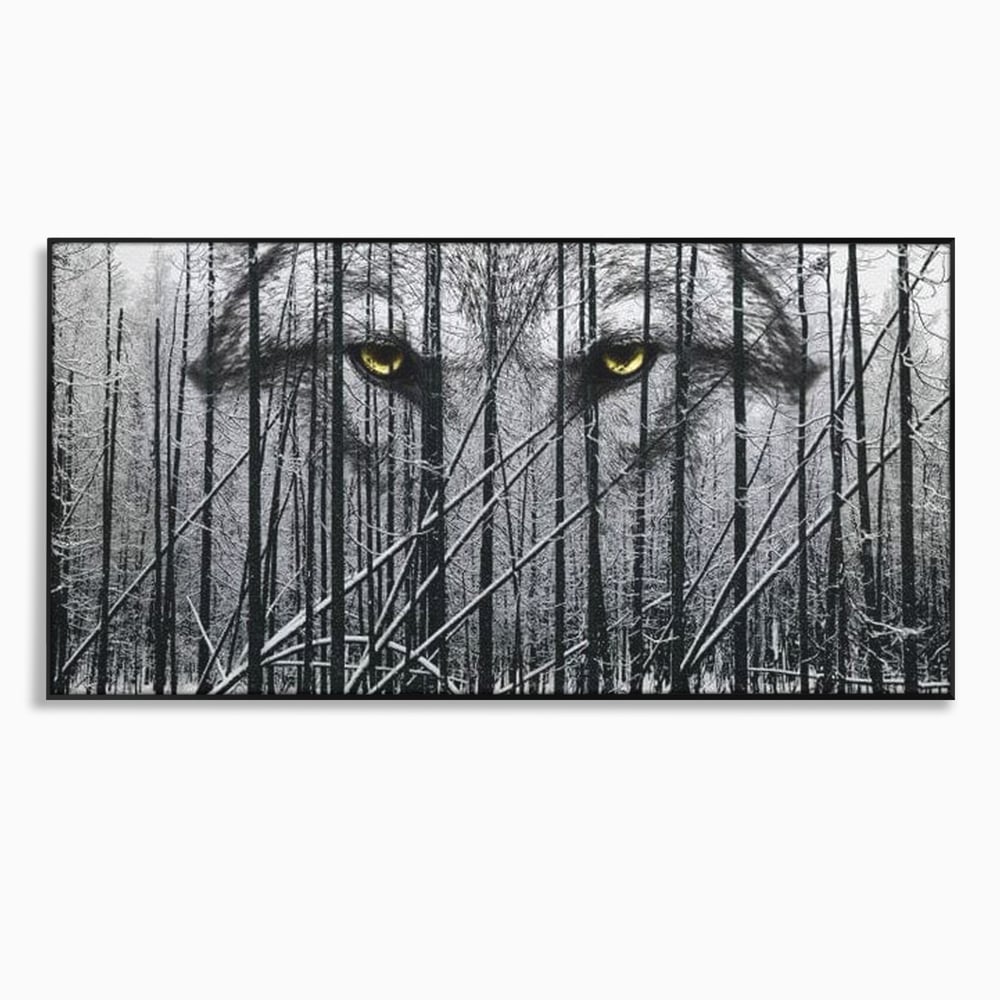 Leinwand Wandkunst Leinwand Wandkunst Premium, LuxCanva® M1458, Waldschatten Wächter, Augen, Blick, Wächter, beobachten, beobachten, Wolf, Wald, Schnee, Winter, Bäume, Wildnis, Natur, Büro, Wohnen, Kinderzimmer