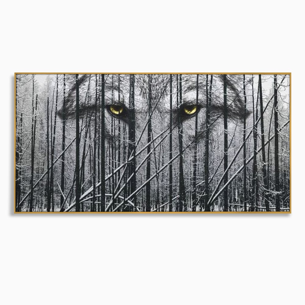 Leinwand Wandkunst Leinwand Wandkunst Premium, LuxCanva® M1458, Waldschatten Wächter, Augen, Blick, Wächter, beobachten, beobachten, Wolf, Wald, Schnee, Winter, Bäume, Wildnis, Natur, Büro, Wohnen, Kinderzimmer