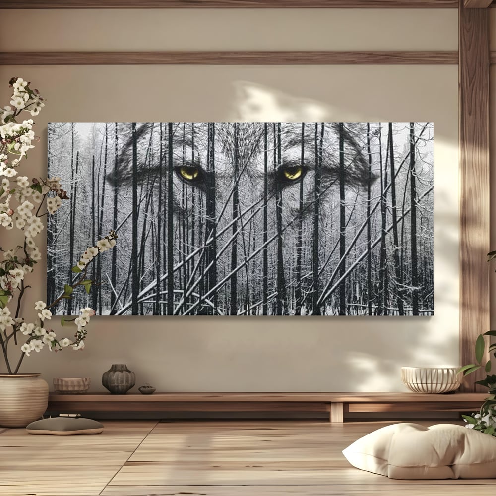Leinwand Wandkunst Leinwand Wandkunst Premium, LuxCanva® M1458, Waldschatten Wächter, Augen, Blick, Wächter, beobachten, beobachten, Wolf, Wald, Schnee, Winter, Bäume, Wildnis, Natur, Büro, Wohnen, Kinderzimmer