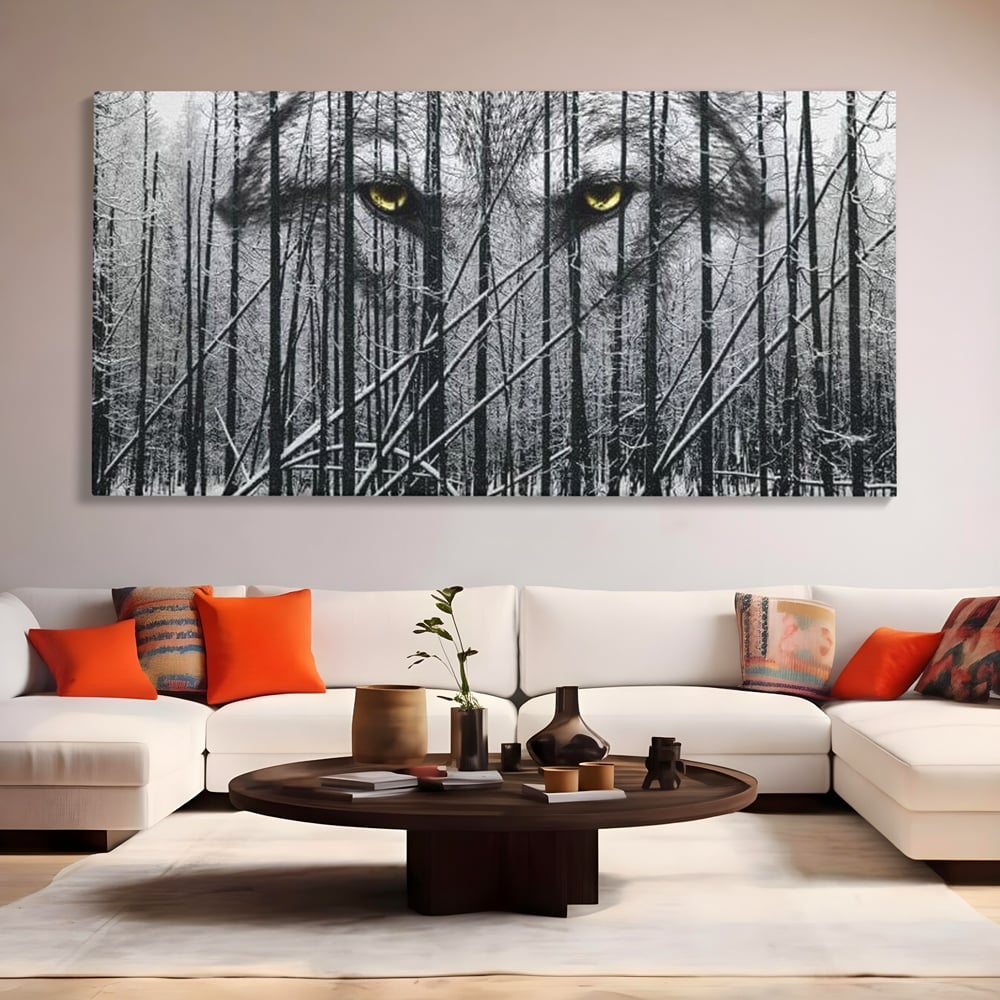 Leinwand Wandkunst Leinwand Wandkunst Premium, LuxCanva® M1458, Waldschatten Wächter, Augen, Blick, Wächter, beobachten, beobachten, Wolf, Wald, Schnee, Winter, Bäume, Wildnis, Natur, Büro, Wohnen, Kinderzimmer