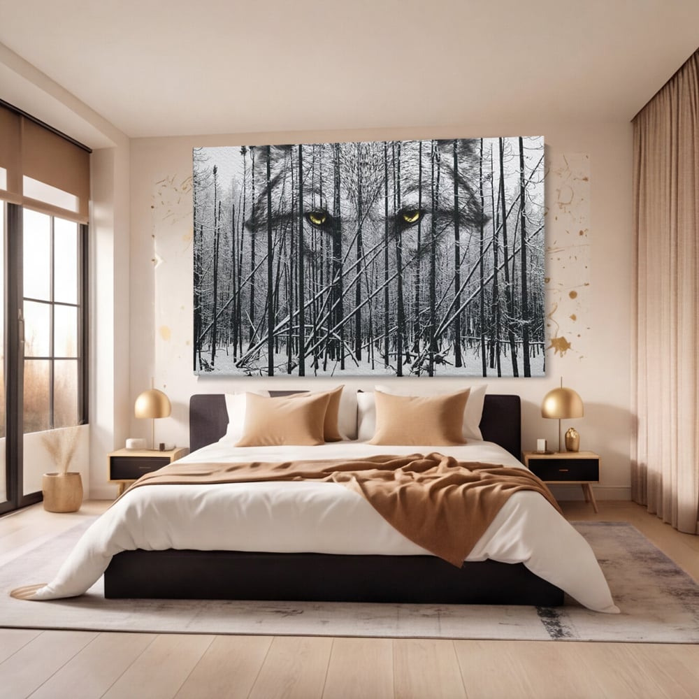 Leinwand Wandkunst Leinwand Wandkunst Premium, LuxCanva® M1458, Waldschatten Wächter, Augen, Blick, Wächter, beobachten, beobachten, Wolf, Wald, Schnee, Winter, Bäume, Wildnis, Natur, Büro, Wohnen, Kinderzimmer