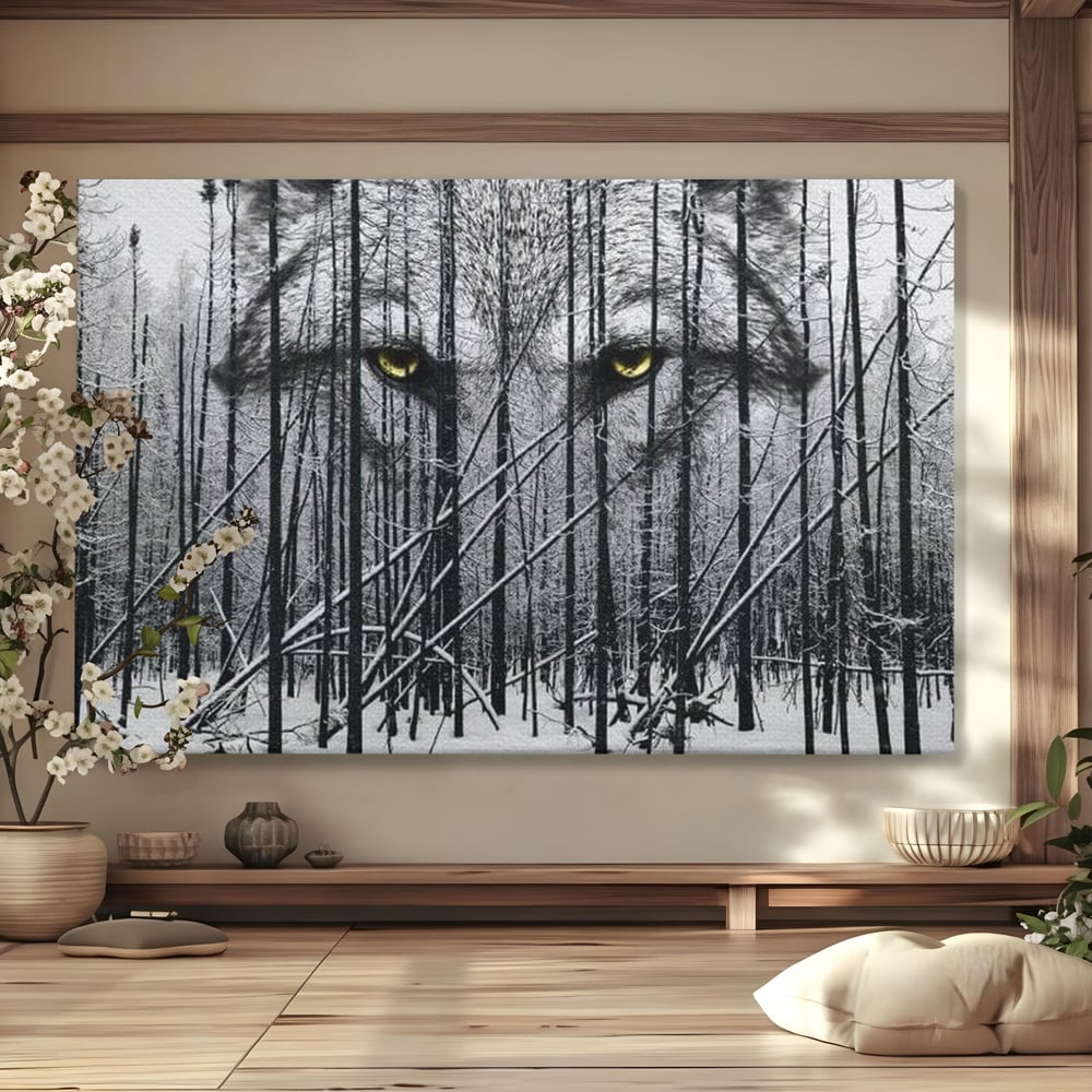 Leinwand Wandkunst Leinwand Wandkunst Premium, LuxCanva® M1458, Waldschatten Wächter, Augen, Blick, Wächter, beobachten, beobachten, Wolf, Wald, Schnee, Winter, Bäume, Wildnis, Natur, Büro, Wohnen, Kinderzimmer