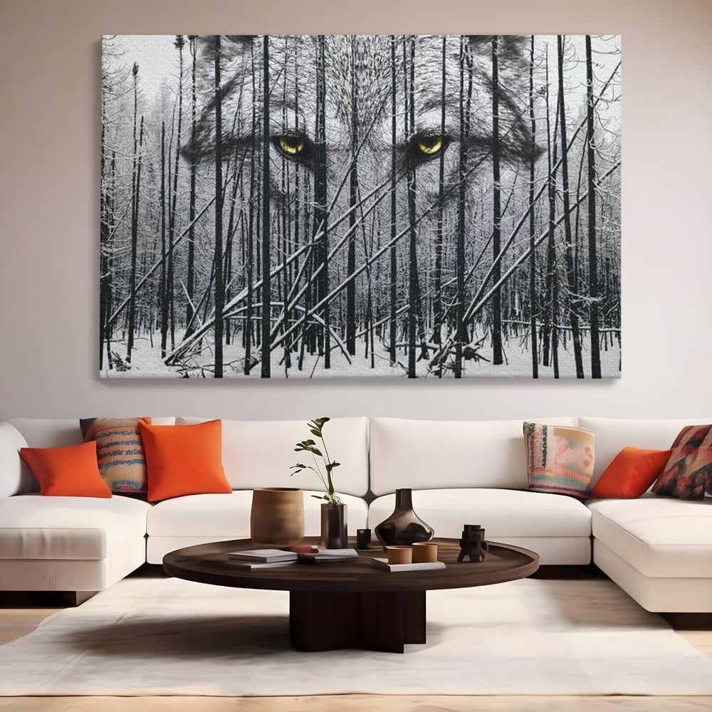 Leinwand Wandkunst Leinwand Wandkunst Premium, LuxCanva® M1458, Waldschatten Wächter, Augen, Blick, Wächter, beobachten, beobachten, Wolf, Wald, Schnee, Winter, Bäume, Wildnis, Natur, Büro, Wohnen, Kinderzimmer