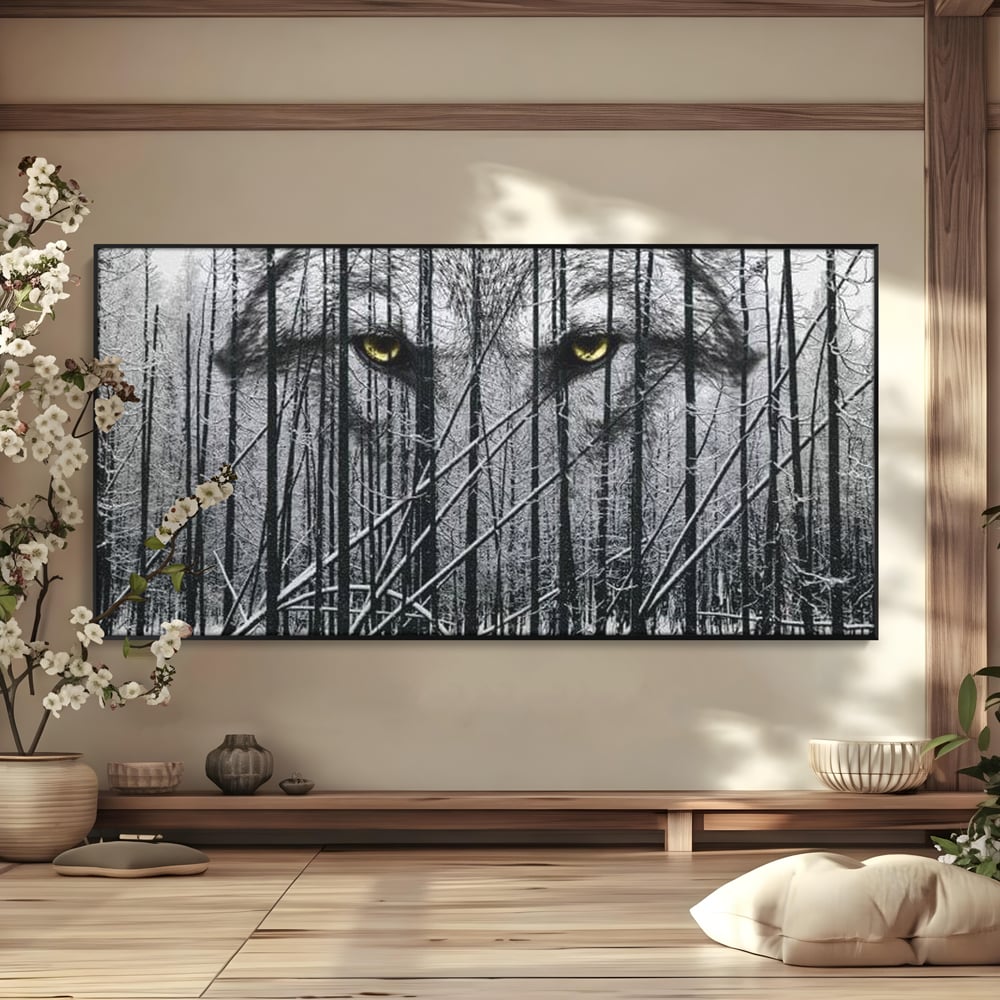 Leinwand Wandkunst Leinwand Wandkunst Premium, LuxCanva® M1458, Waldschatten Wächter, Augen, Blick, Wächter, beobachten, beobachten, Wolf, Wald, Schnee, Winter, Bäume, Wildnis, Natur, Büro, Wohnen, Kinderzimmer